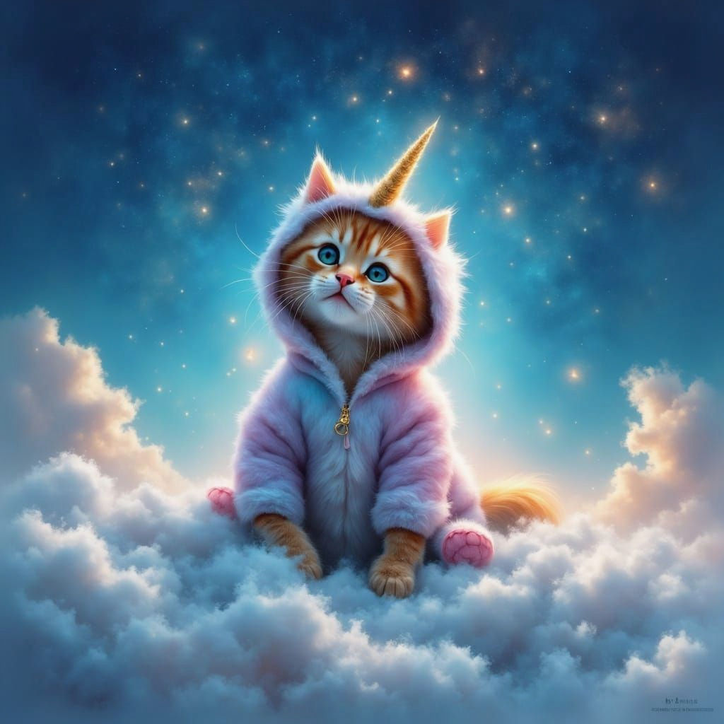 Whimsical Unicorn Kitten Soars on Celestial Clouds