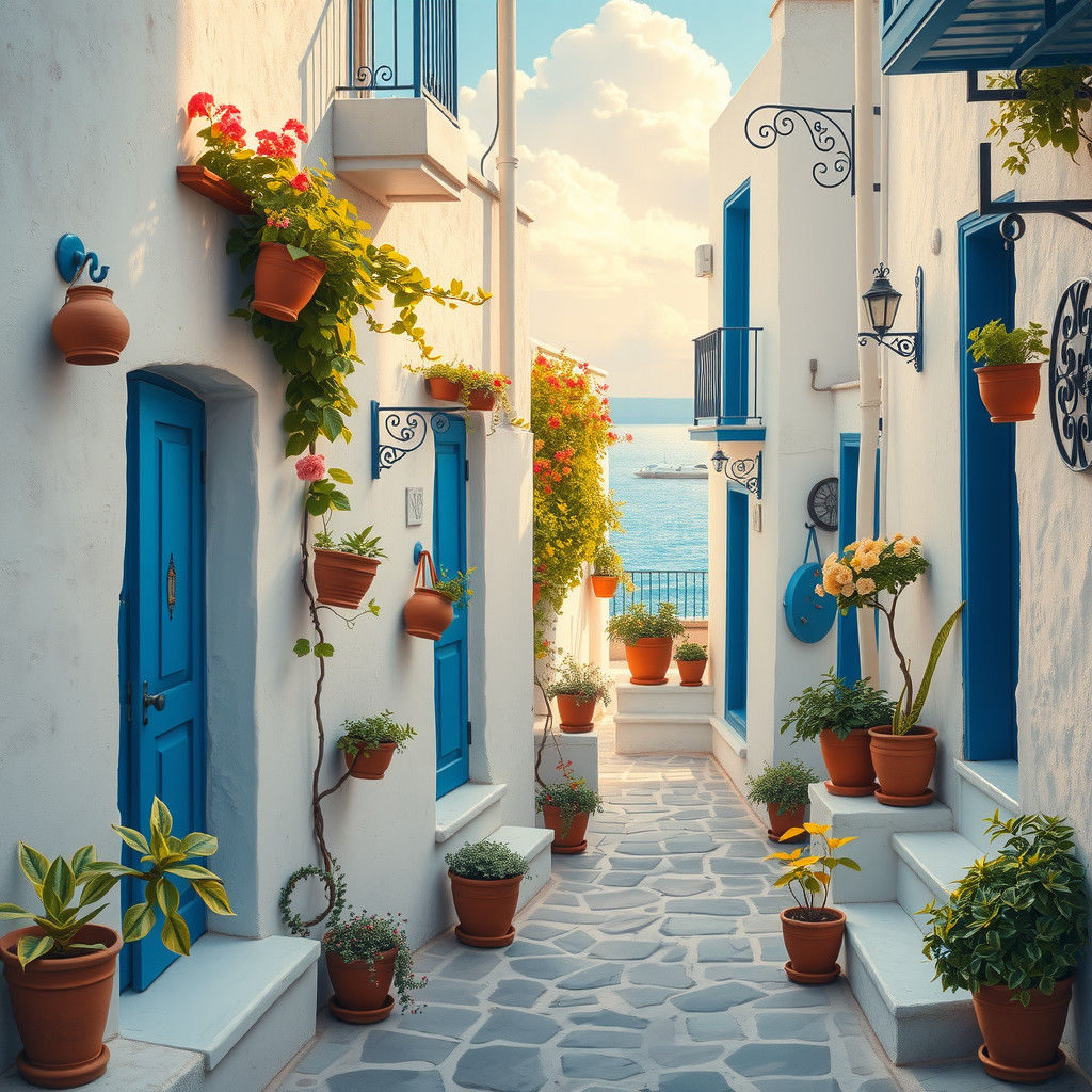 Charming Mediterranean Village Street in Impressionist Style