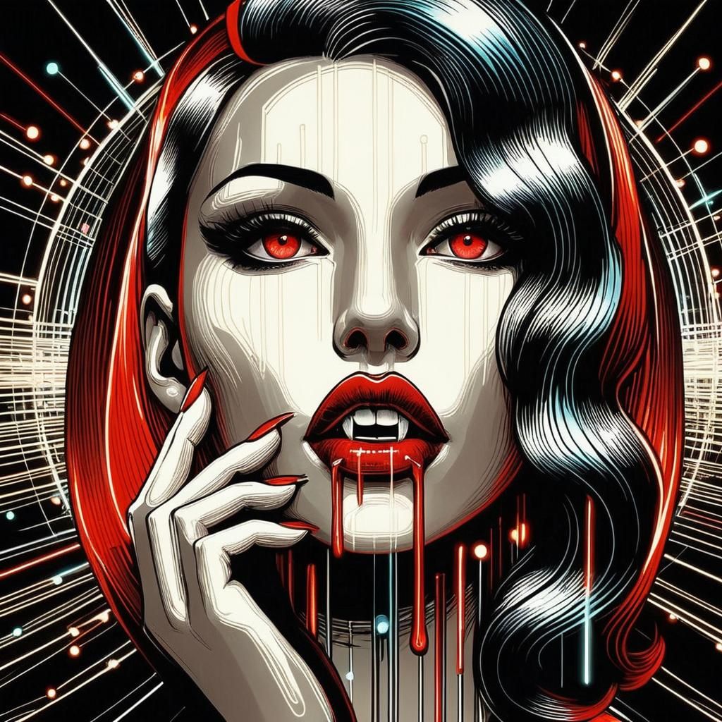 Elegant Vampire Demoness in Radiological Neon Style