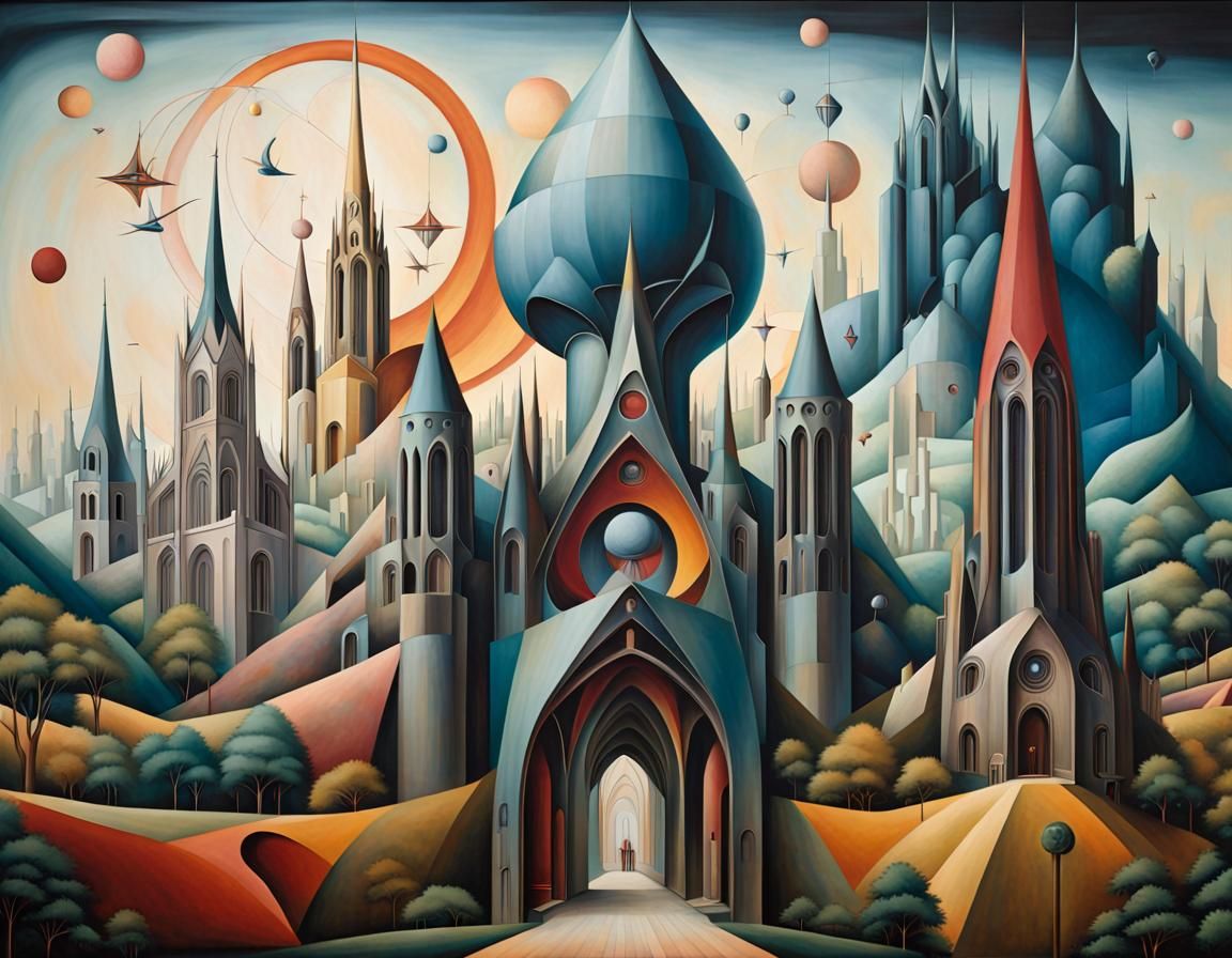 Surreal Cathedral Mural in Retro-Futuristic Art Deco Style