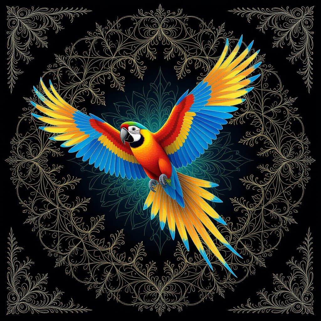 Vibrant Parrot in Fractal Forest, Rainbow Hues