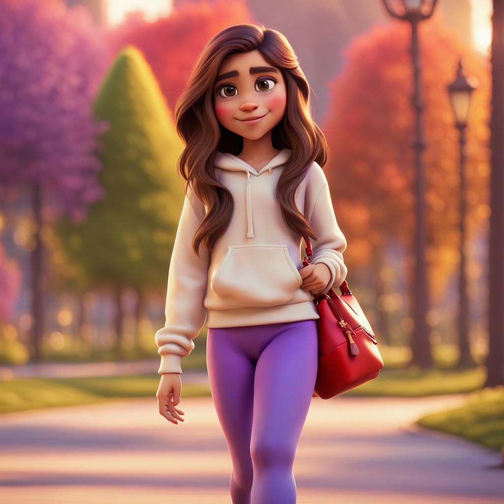 Friendly Latina Girl Walking in Park as 3D Digital Art