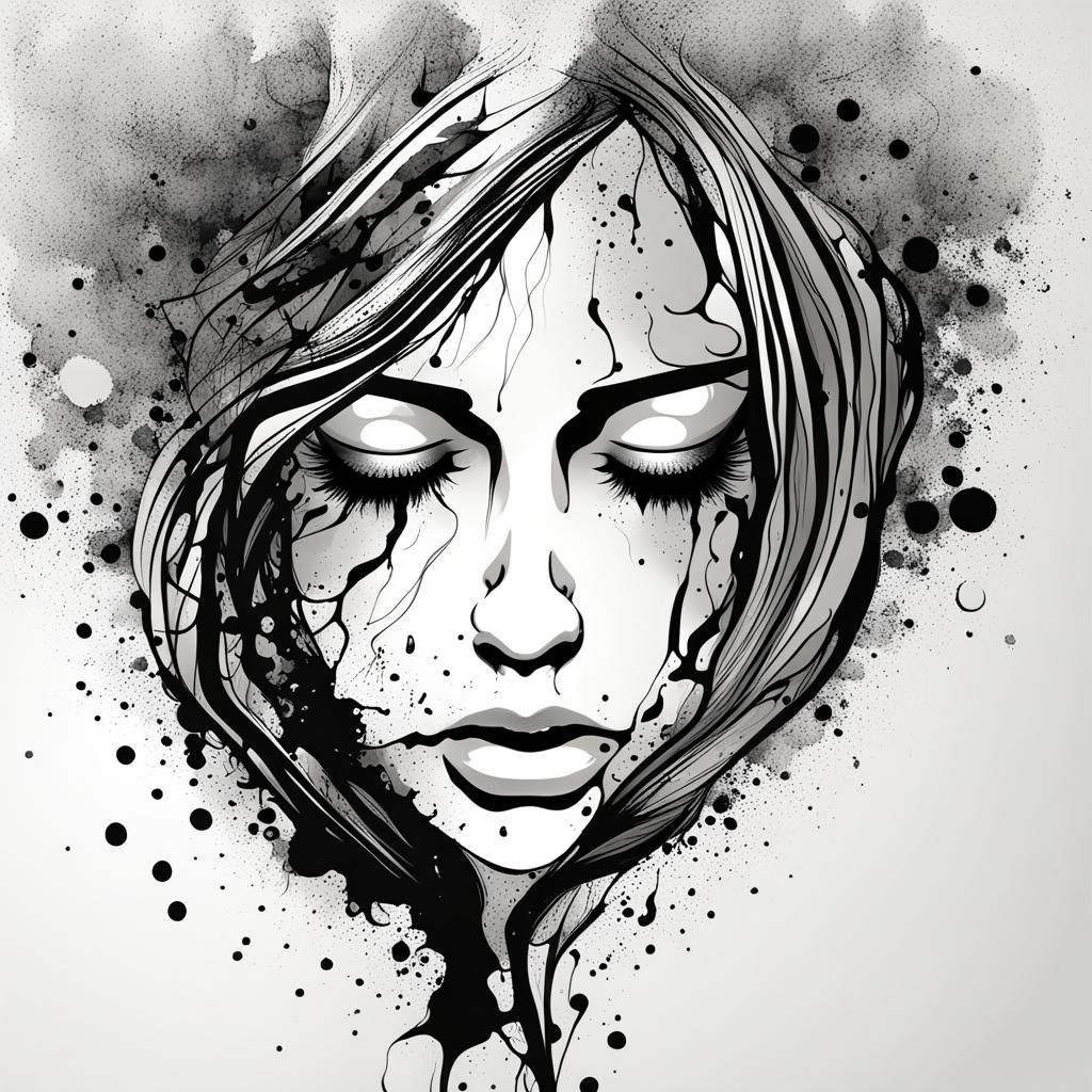 Ink Splatter Art of Sad Girl Crying
