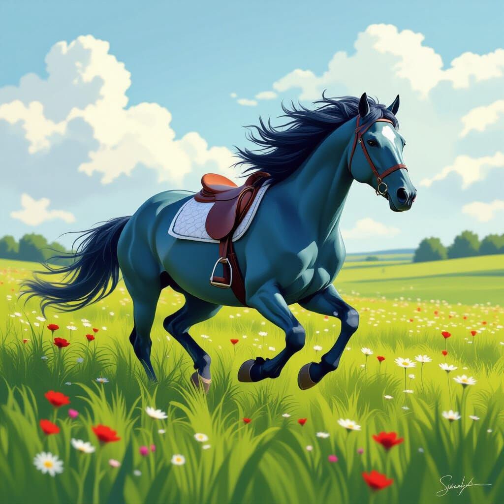 Blue Horse Running Freely in a Green Field
