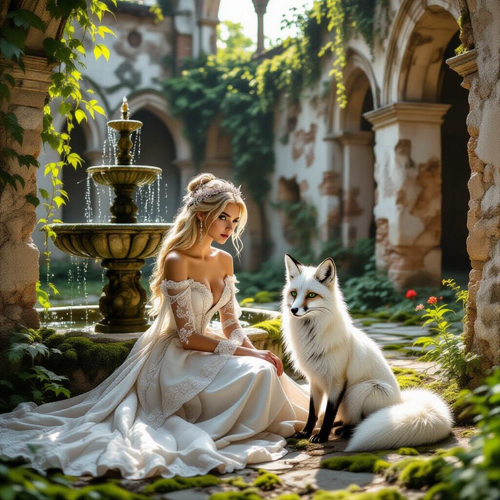 Princess and Fox in Abandoned Courtyard, Photorealistic