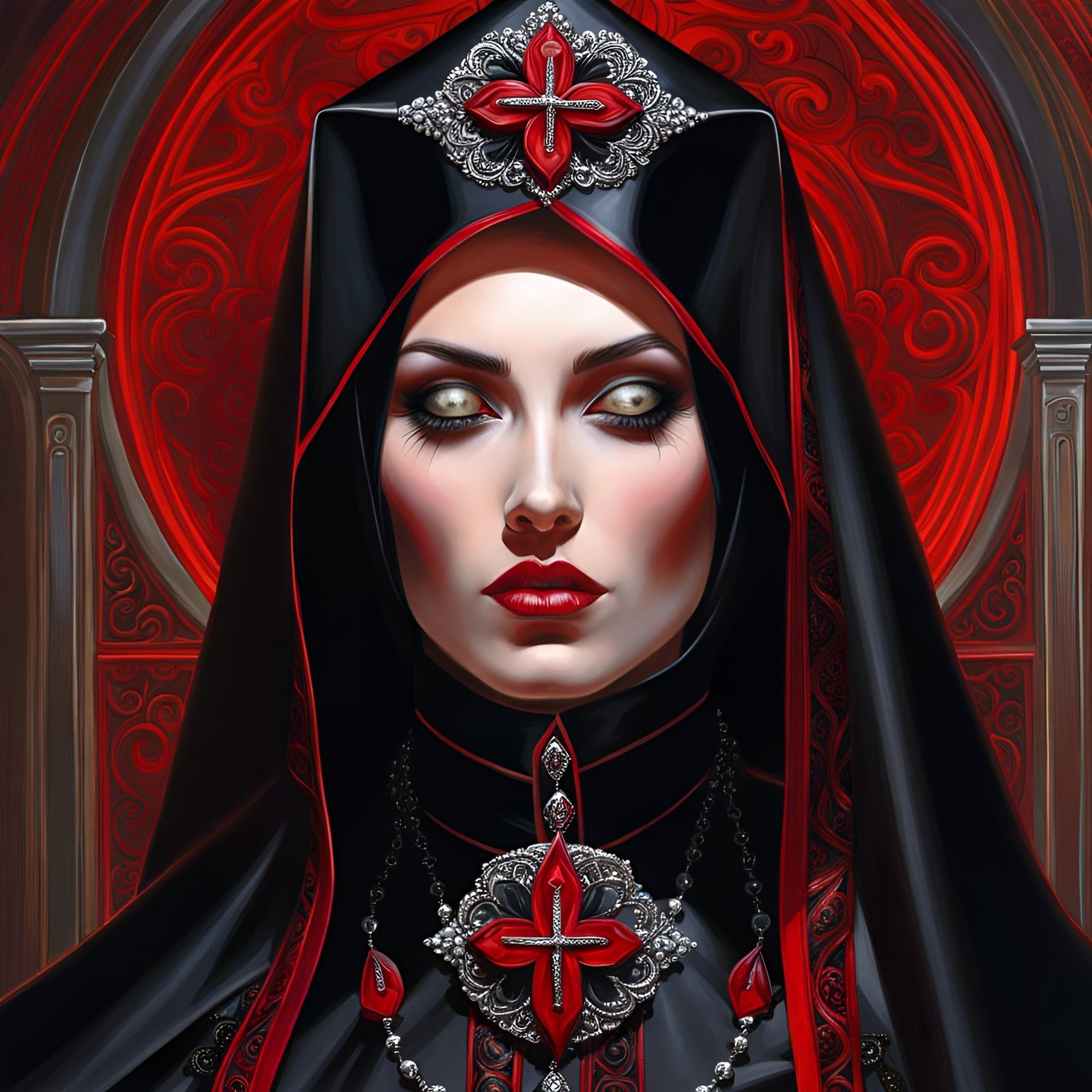 Beautiful Gothic Nun Portrait in Red and Black