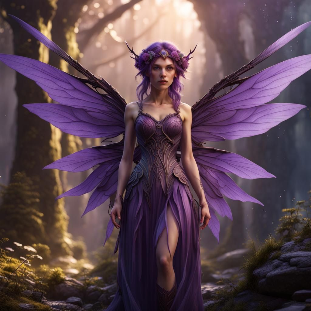 Fantastical Fairy with Purple Wings: Detailed Matte Painting