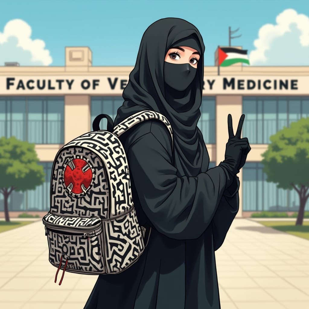 Anime-Style Cartoon of a Veiled Woman in Victory Sign, Pales...