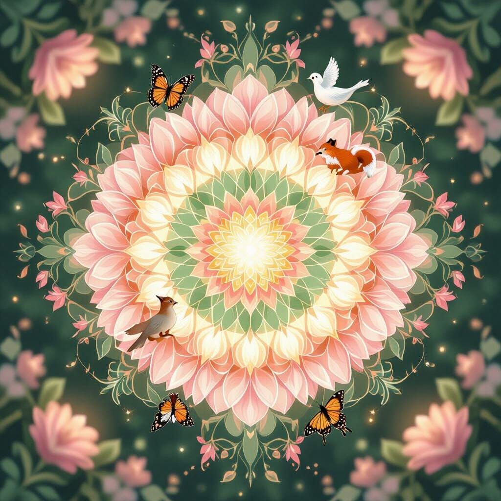Radiant Mandala Garden with Peaceful Animals
