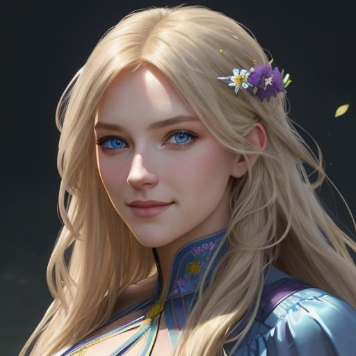 Girl in Purple Dress in Flower Meadow, Digital Art