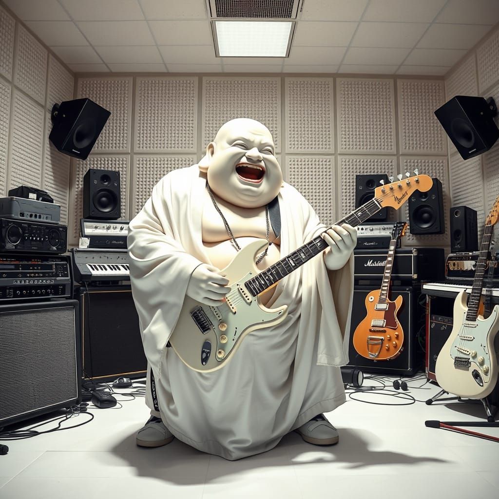 Photorealistic Buddha Shreds Guitar in White Studio