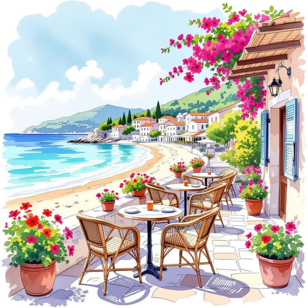 Corfu Beach Coffee Terrace Sketchbook Illustration