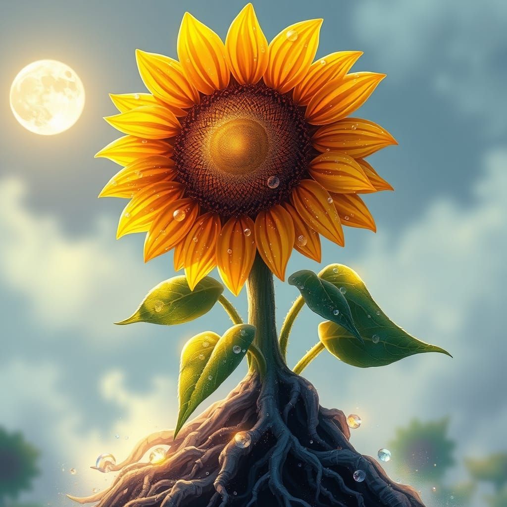 Golden Sunflower Blooms with Glittering Crystals under Lunar...