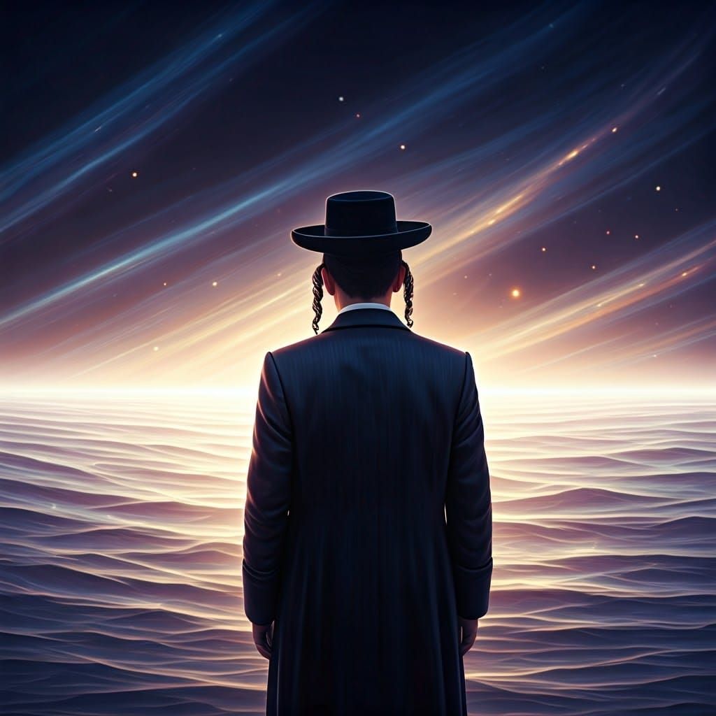 Hasidic Man Gazing at Ethereal Realm in Fantasy Art
