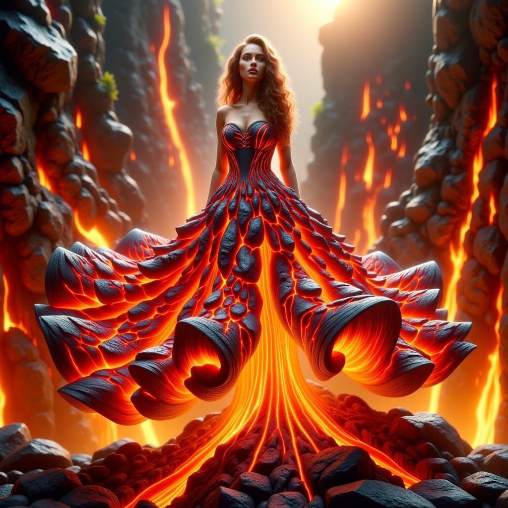 Fiery Goddess Erupts from Magma in Vibrant Golden Light