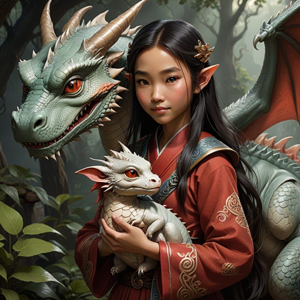Little Asian elven girl hugging her cute miniature pet dragon, Mushu, and her dragon's mom, Bailongnu