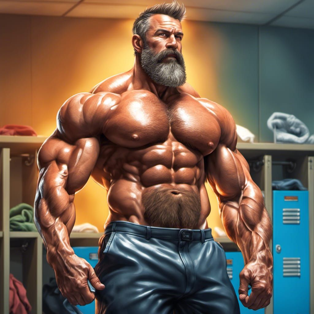Hyperrealistic Muscle Coach Flexing in Locker Room