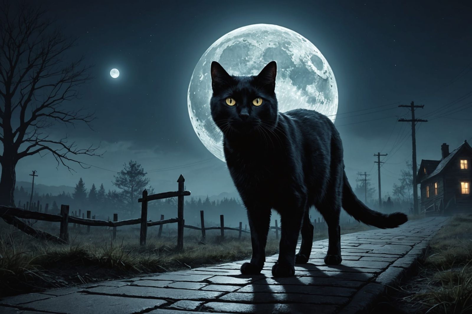 Black Cat Crossing Full Moon in Digital Painting