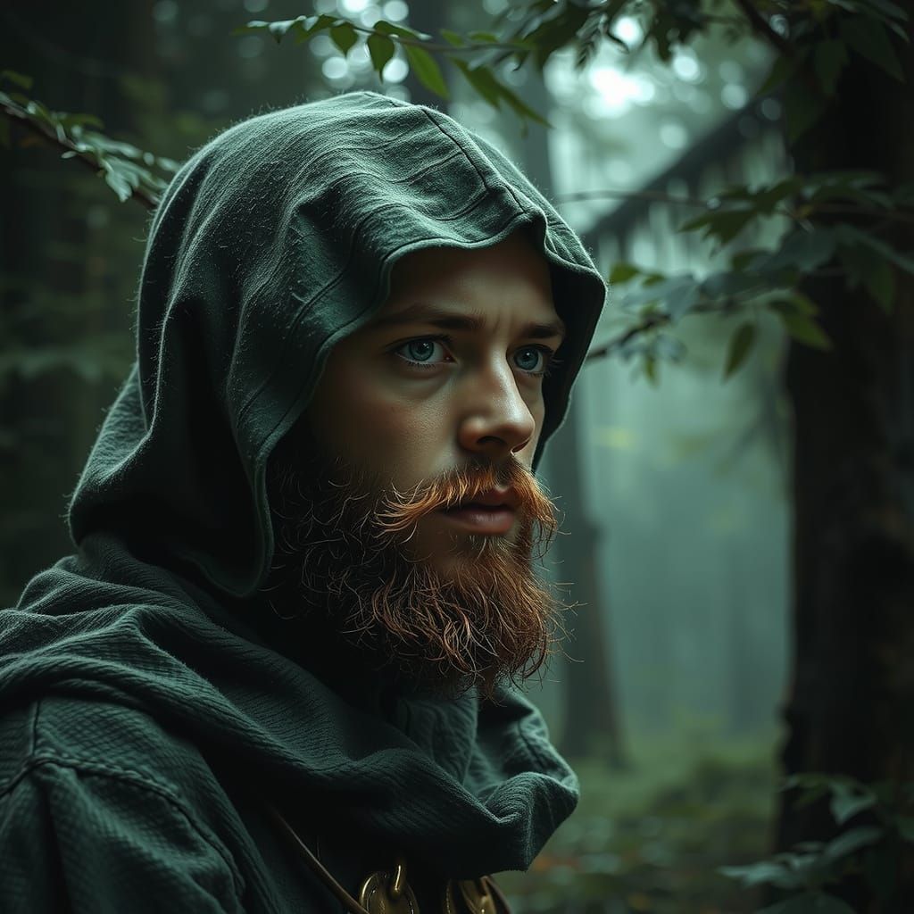 Mediaeval Man in Misty Forest, Hyperrealistic Painterly Styl...
