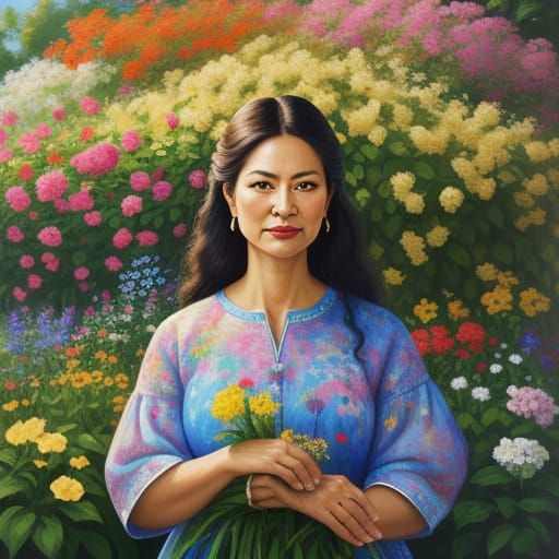 Rosana in a Garden: Vibrant Oil Painting