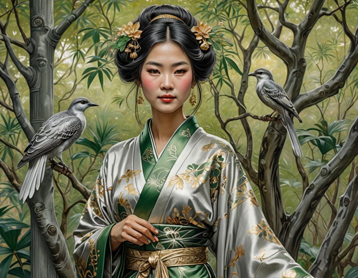 Asian Woman with Bird, in Art Nouveau Style