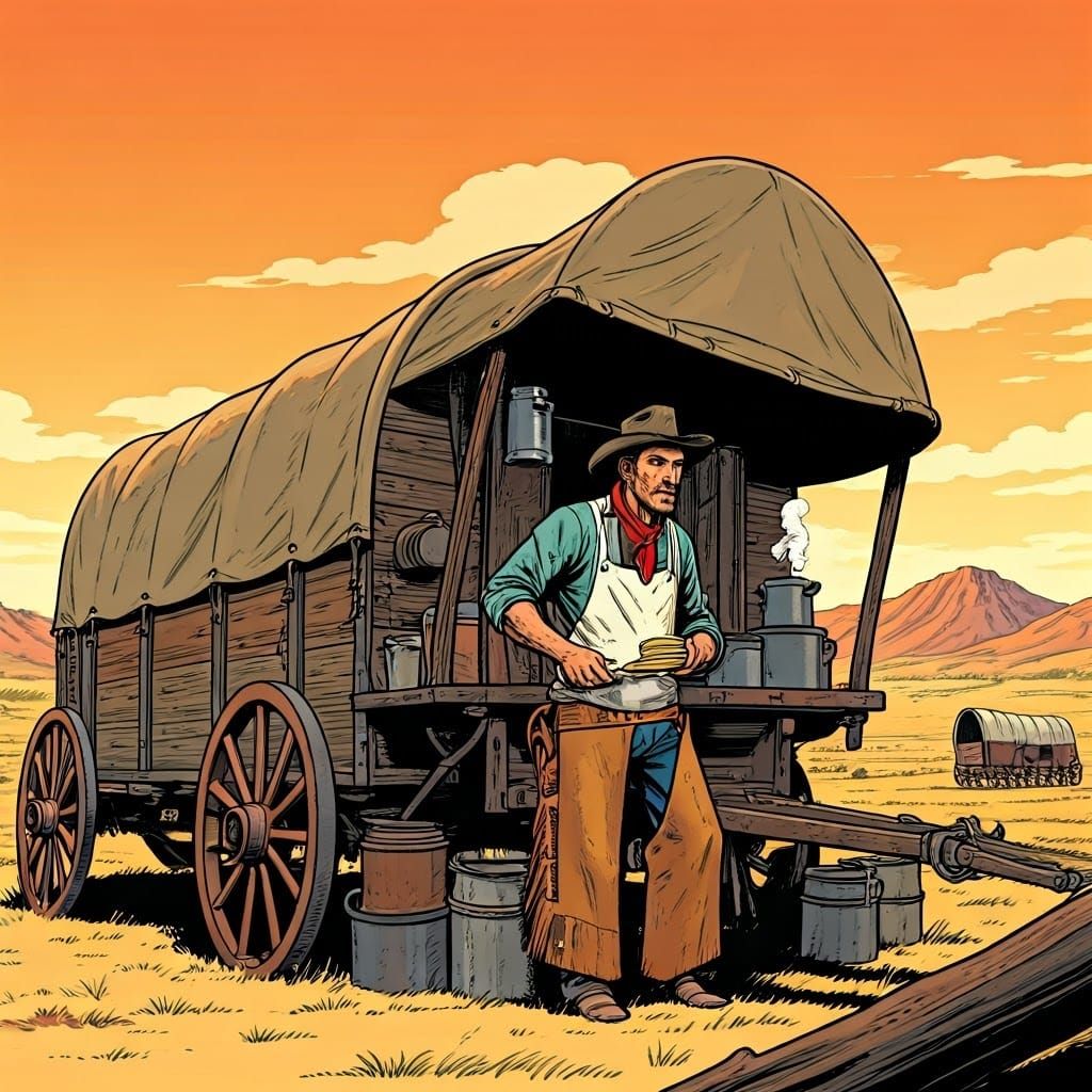 Cowboy Chef's Chuckwagon Breakfast in Comic Book Style
