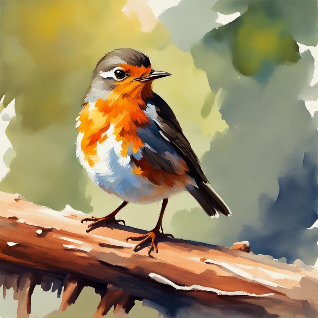 Baby Robin on Branch in Gouache Watercolor Style