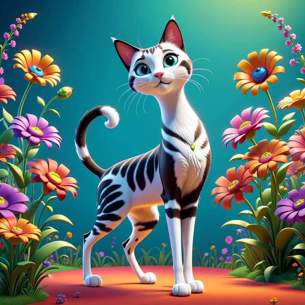 Floral Cat in Whimsical 3D Digital Art Style