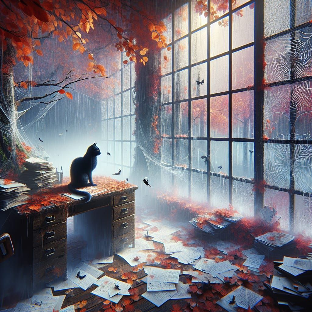 Black Cat on Desk in Autumn Weather