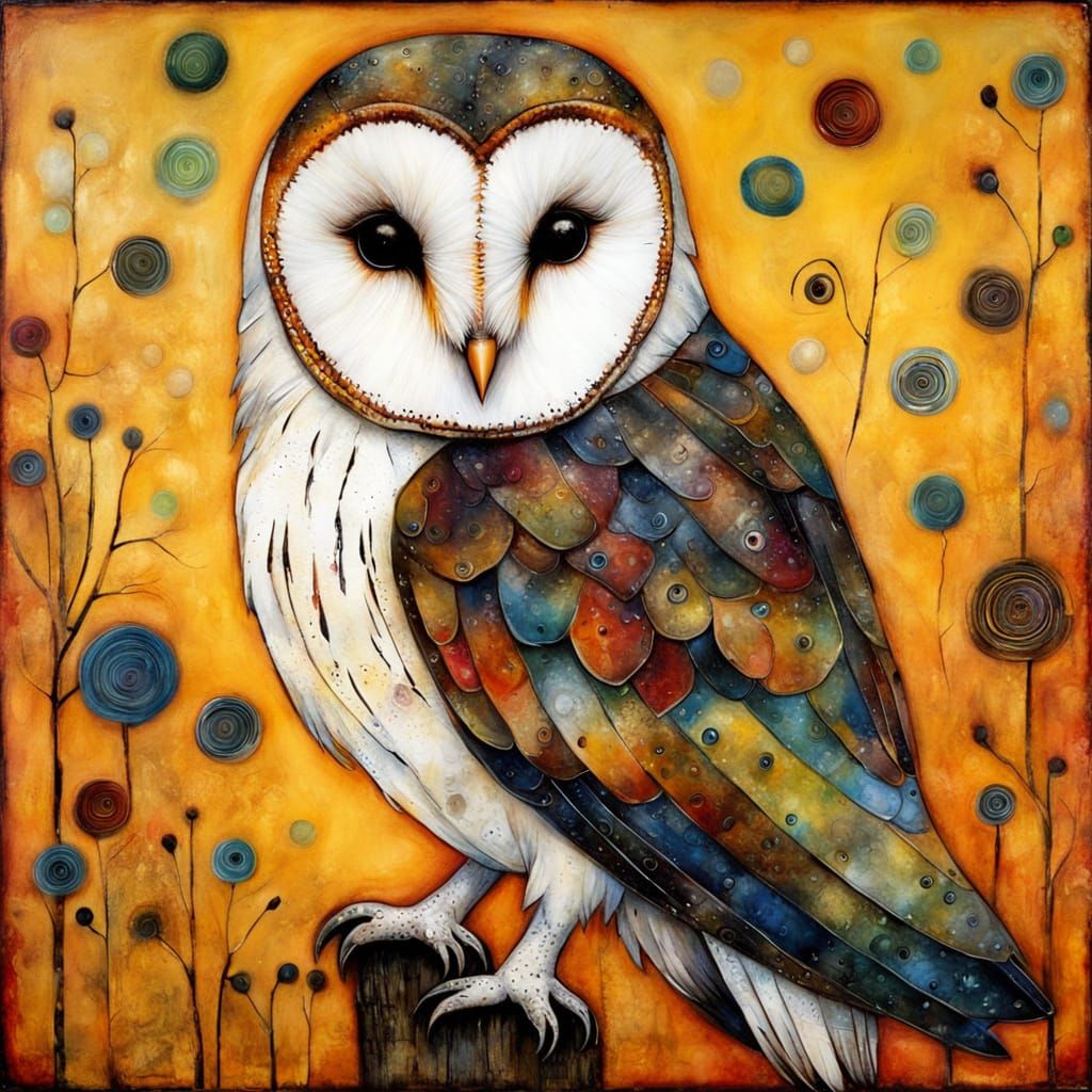 Airbrushed Barn Owl in Textured Primitive Naive Style
