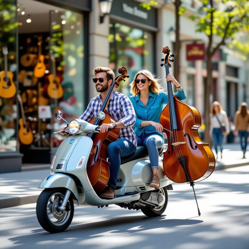 Musicians Ride Scooter with Cello and Double Bass in City