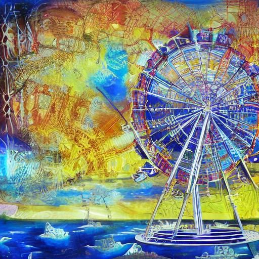 Holographic Ferris Wheel in Surrealist Mixed Media