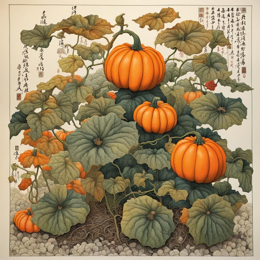 Botanical Pumpkin Plant Illustration in Ukiyo-e Style