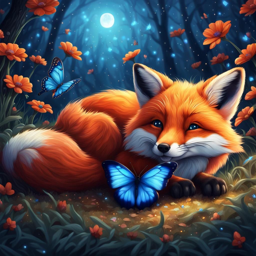 Adorable Fox and Butterfly in Magical Garden