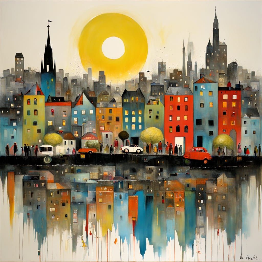 Airbrushed Cityscape in Tribal Naive Style