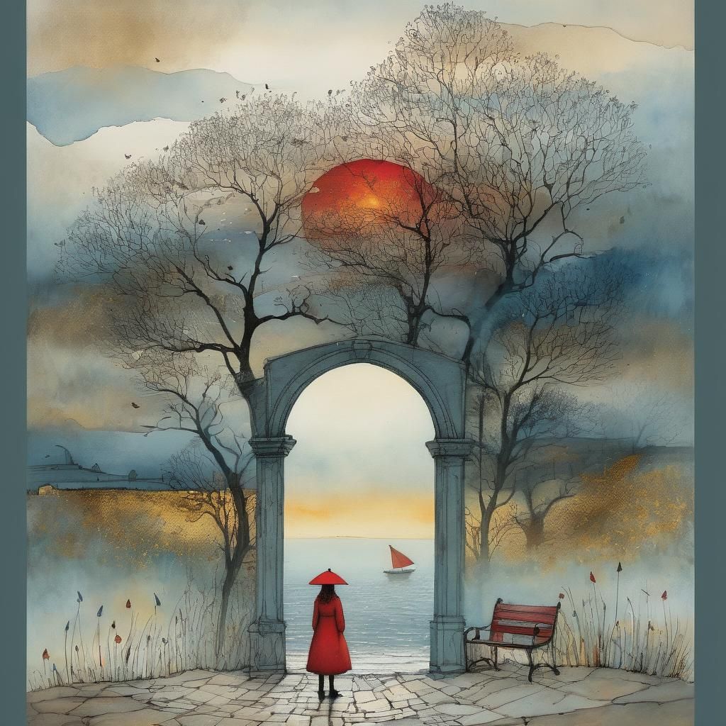 Misty Seaside Sunrise Illustration in Whimsical Style