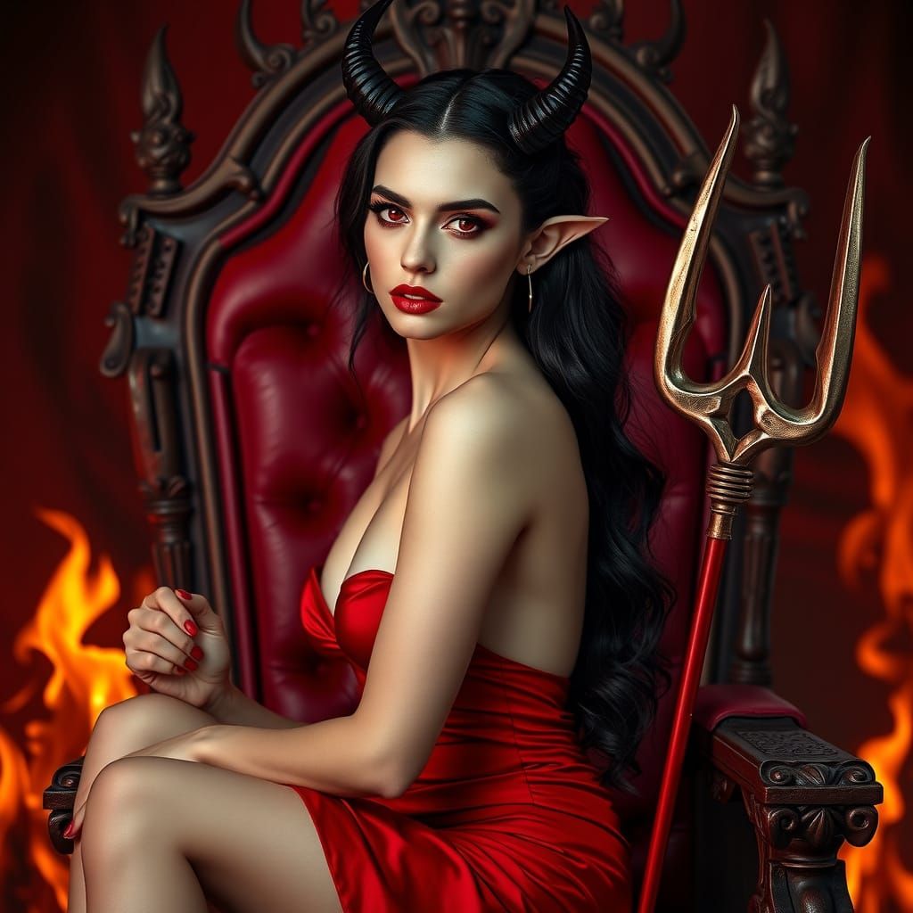 Fiery Female Devil Sits Regally on Throne