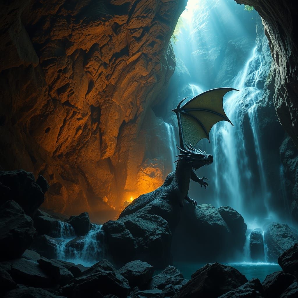 Mystical Dragon Amidst Waterfall Ruins