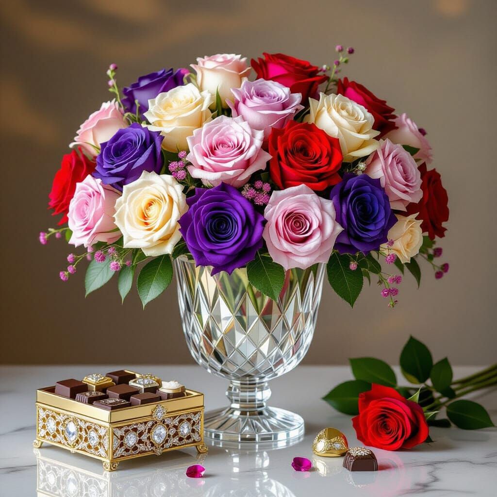 Ornate Chocolate Box & Flower Bouquet in Sparkling Art Nouve...