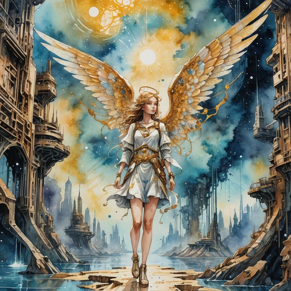 Angel and Girl in Sci-Fi Watercolor World