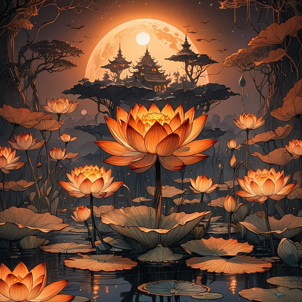 Glowing Orange Lotus in Dark Fantasy Style