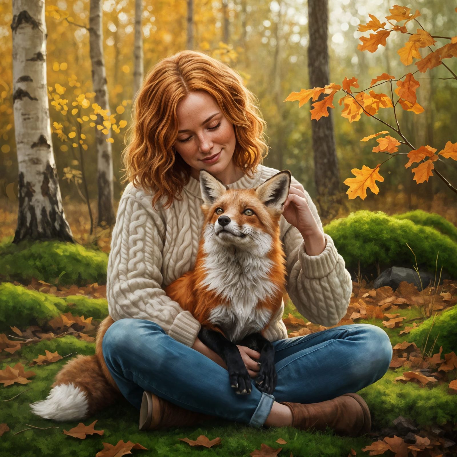 Impressionistic Forest Portrait: Woman and Rescued Fox