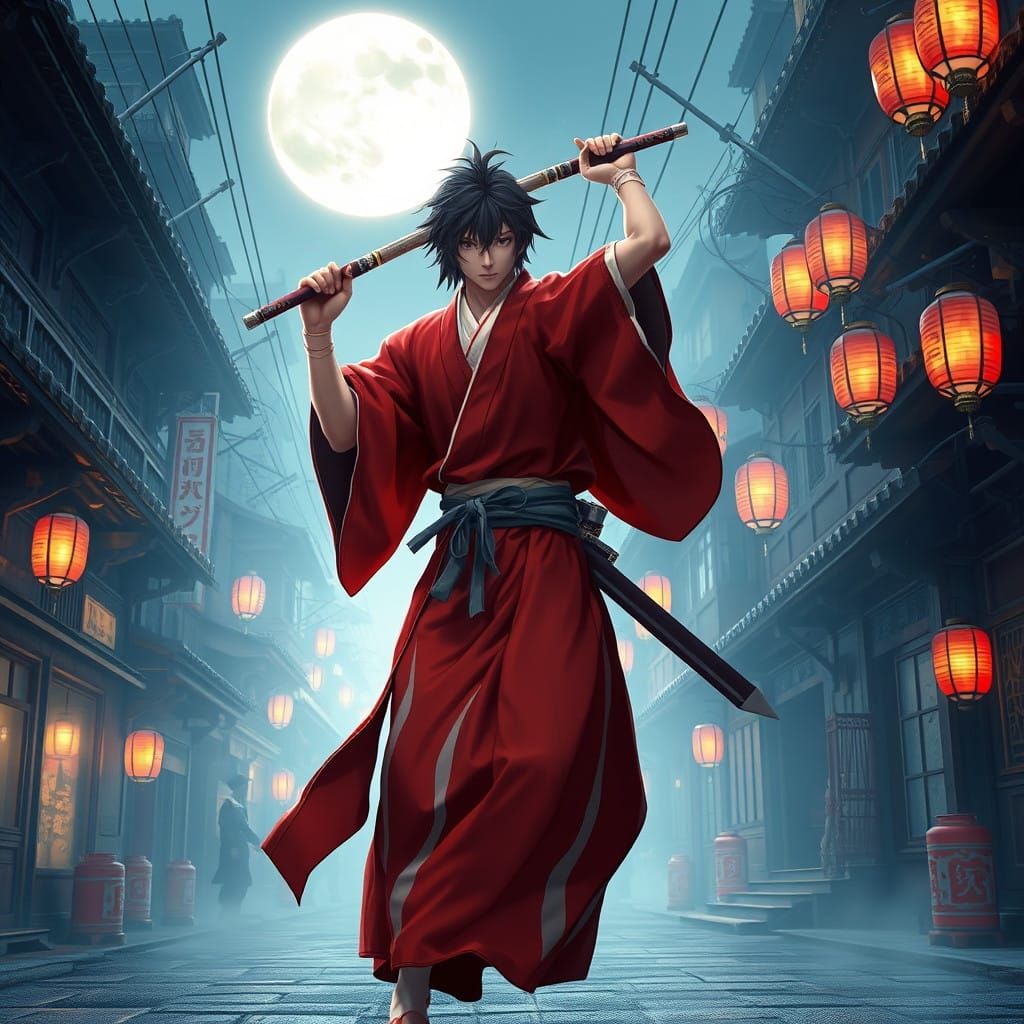 Anime Hero Rurouni Kenshin Poses Under Tokyo Streetlights