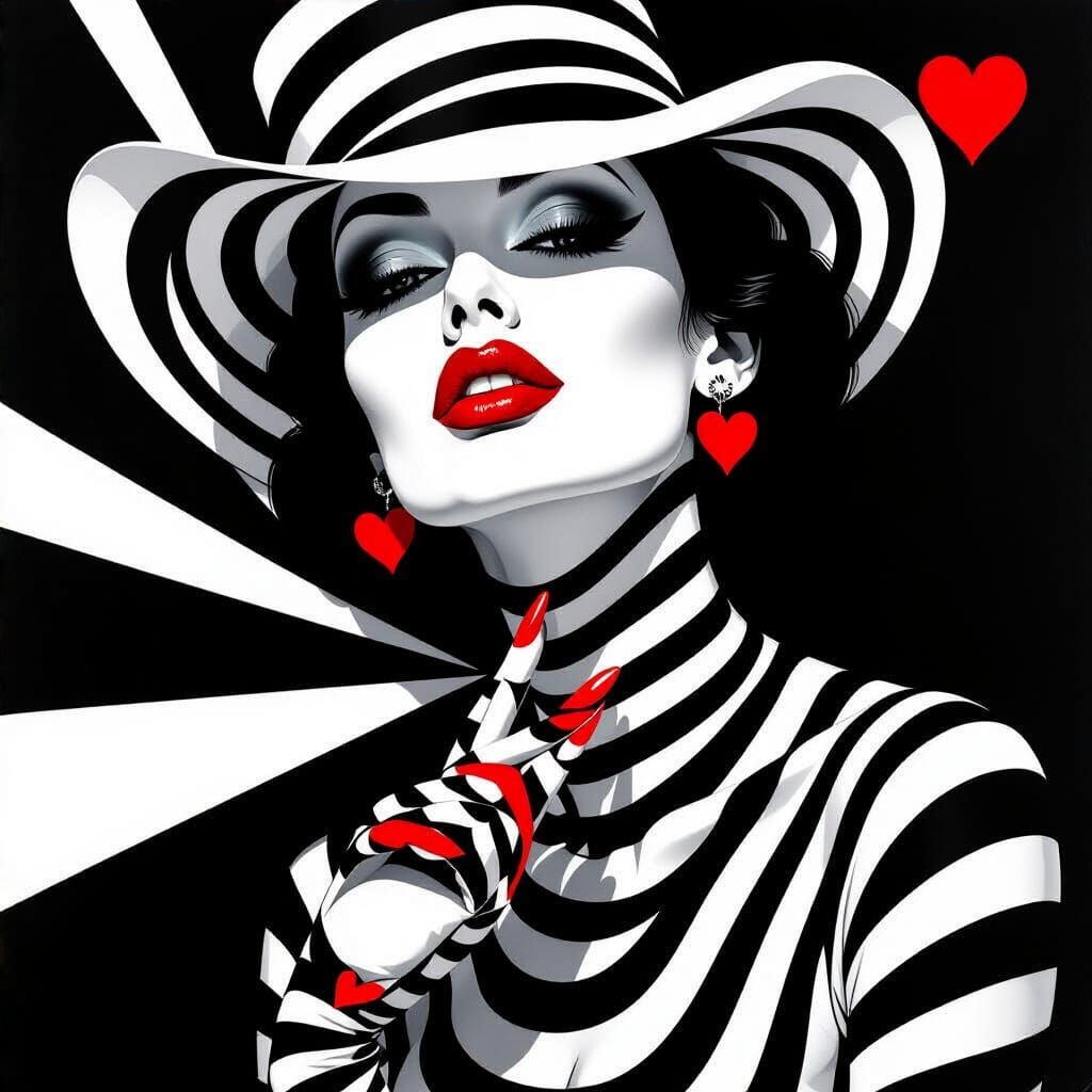 Monochrome Op Art Model with Striking Red Lips