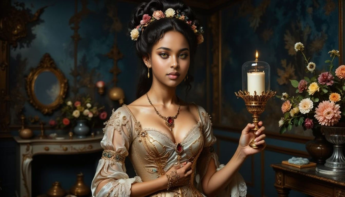 Elegant Dark Skin Beauty in Rococo Splendor