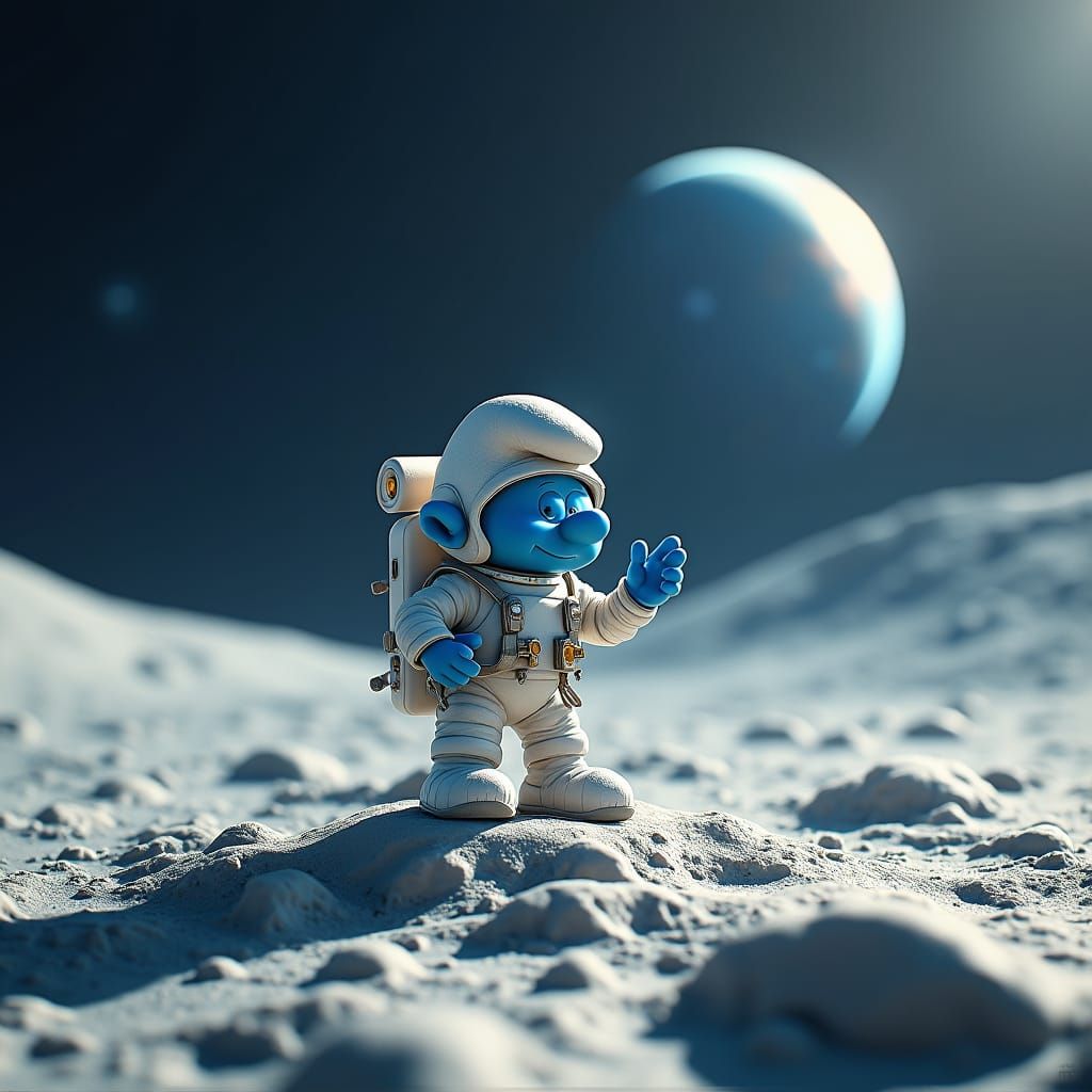 Smurf Astronaut on the Moon in Matte Painting Style