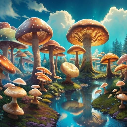 Alien Landscape with Cinnamon Roll Rivers in Dreamlike Style