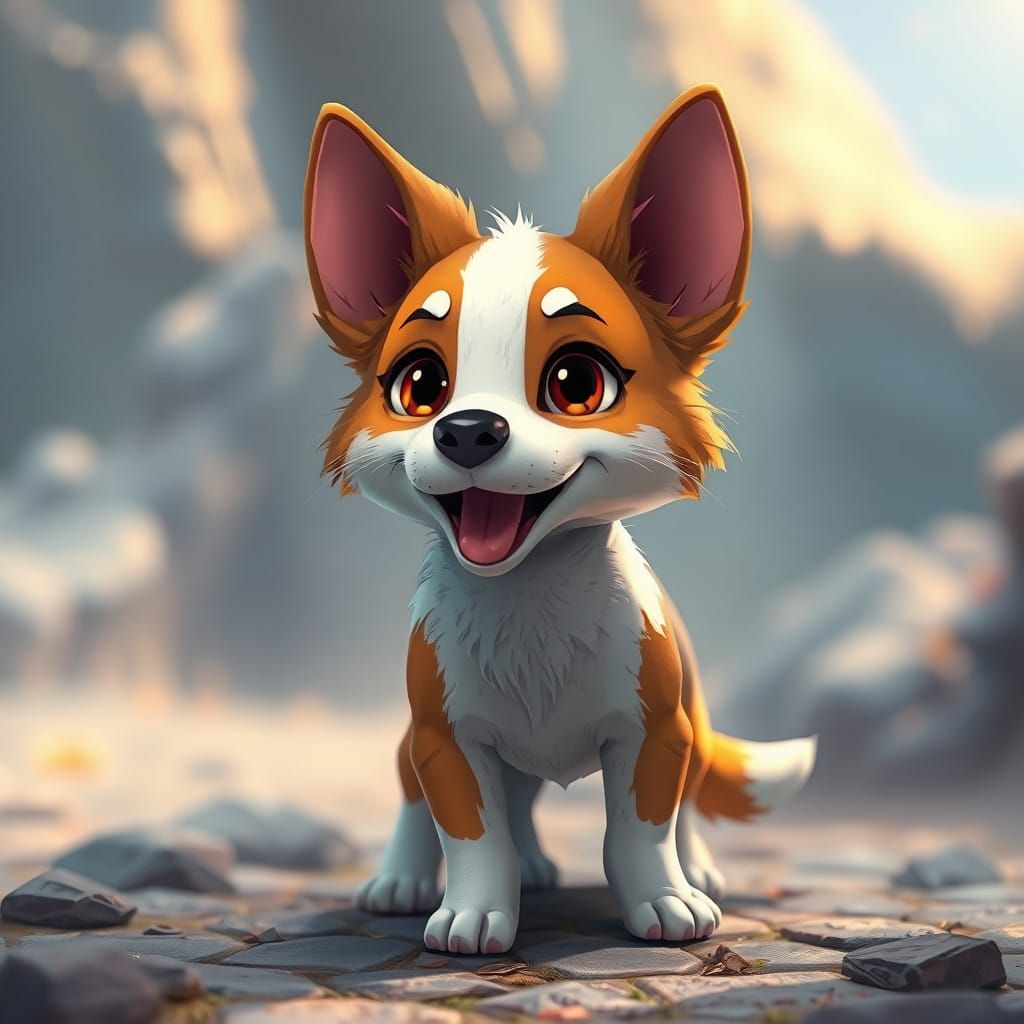 Vibrant Cartoon Dog in Whimsical Dreamlike Landscape