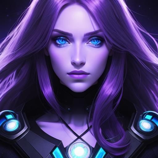 Woman with Piercing Blue Eyes in Purple Light