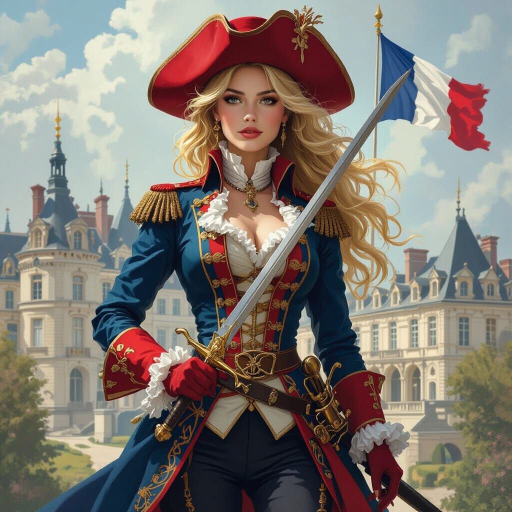 Blonde Lady Musketeer Before French Palace